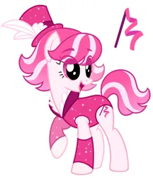 Size: 1724x2000 | Tagged: safe, artist:ponypark, derpibooru import, ponified, earth pony, pony, g4, candi (wild manes), clothes, crossover, cutie mark, eye clipping through hair, female, hat, image, jpeg, leg lock, leotard, mare, open mouth, open smile, raised hoof, reference, reference sheet, simple background, smiling, solo, top hat, white background, wild manes, wild manes to g4