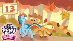 Size: 1281x720 | Tagged: safe, artist:prixy05, derpibooru import, applejack, rainbow dash, earth pony, pegasus, pony, fall weather friends, g4, applejack's hat, autumn leaves, cowboy hat, duo, duo female, female, hat, image, leaf, leaves, mare, my little pony, my little pony: form your friendship, png, running of the leaves, thumbnail