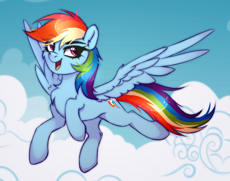 Size: 2000x1580 | Tagged: safe, artist:kinfer, derpibooru import, rainbow dash, pony, g4, chest fluff, cloud, female, flying, image, mare, open mouth, outdoors, png, solo, spread wings, wings