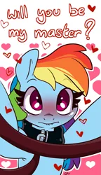 Size: 981x1702 | Tagged: safe, artist:lou, derpibooru import, rainbow dash, pegasus, pony, g4, blushing, collar, female, femsub, image, leash, lip bite, looking at you, master, pet play, png, solo, submissive