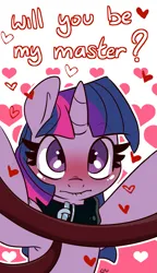 Size: 981x1702 | Tagged: safe, alternate version, artist:lou, derpibooru import, twilight sparkle, pony, g4, alternate character, blushing, collar, female, femsub, image, leash, lip bite, looking at you, master, pet play, png, solo, submissive