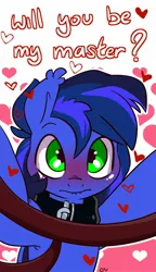 Size: 981x1702 | Tagged: suggestive, artist:lou, derpibooru import, oc, oc:guard cobalt flash, unofficial characters only, bat pony, pony, bat pony oc, bat wings, blushing, collar, commission, heart, holiday, image, jpeg, leash, lip bite, looking at you, male, master, pet play, rubber, solo, submissive, valentine's day, valentine's day 2025, wings, ych result