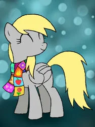 Size: 512x680 | Tagged: safe, artist:reitanna-seishin, derpibooru import, derpy hooves, fanfic:muffins, g4, abstract background, blonde mane, blonde tail, bubble, clothes, cutie mark, cutie mark on clothes, eyes closed, fanfic art, gray coat, image, jpeg, scarf, solo, tail