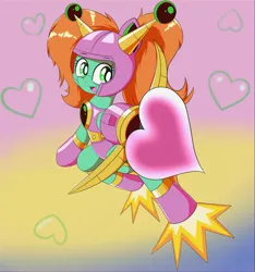 Size: 2000x2141 | Tagged: safe, artist:trackheadtherobopony, derpibooru import, oc, oc:goldheart, pony, robot, robot pony, semi-anthro, crossbow, cupid, heart, image, jet boots, png, solo, weapon