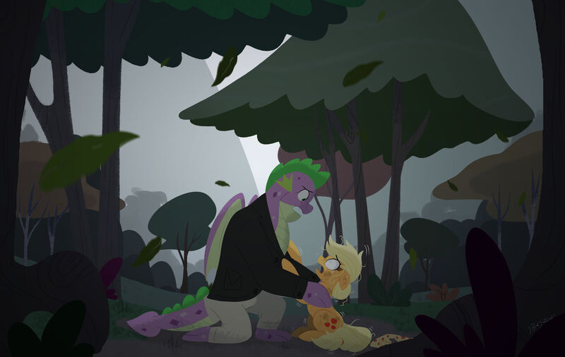 Size: 1920x1214 | Tagged: semi-grimdark, artist:bearmation, derpibooru import, applejack, spike, dragon, earth pony, pony, g4, duo, duo male and female, female, forest, image, jpeg, male, mare, nature, story included, tree