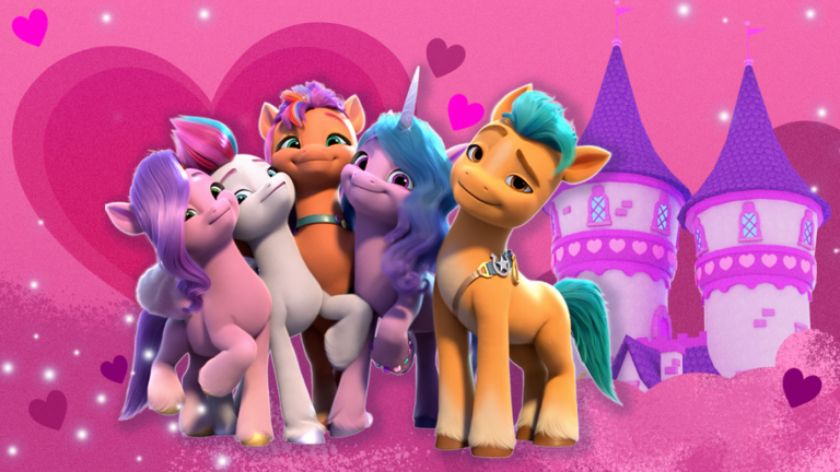 Size: 768x432 | Tagged: safe, derpibooru import, hitch trailblazer, izzy moonbow, pipp petals, sunny starscout, zipp storm, earth pony, pegasus, pony, unicorn, g5, my little pony: make your mark, 3d, 3d model, female, group hug, group photo, heart, heart background, hearts and hooves day, holiday, horn, hug, image, looking at you, male, mane five, mane stripe sunny, mare, my little pony: bridlewood rp, pink background, png, roblox, simple background, smiling, smiling at you, stallion, tower, valentine's day, valentine's day 2025