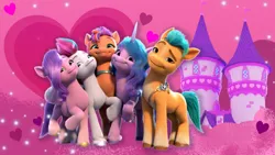 Size: 768x432 | Tagged: safe, derpibooru import, hitch trailblazer, izzy moonbow, pipp petals, sunny starscout, zipp storm, earth pony, pegasus, pony, unicorn, g5, my little pony: make your mark, 3d, 3d model, female, group hug, group photo, heart, heart background, hearts and hooves day, holiday, horn, hug, image, looking at you, male, mane five, mane stripe sunny, mare, my little pony: bridlewood rp, pink background, png, roblox, simple background, smiling, smiling at you, stallion, tower, valentine's day, valentine's day 2025