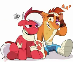 Size: 2272x1926 | Tagged: safe, artist:joaothejohn, derpibooru import, oc, oc:flamebrush, anthro, pegasus, pony, ^^', angry, bandaid, black eye, clothes, crash bandicoot, crash bandicoot (series), crossover, fanart, floppy ears, game, image, injured, jpeg, looking at each other, looking at someone, multicolored hair, pegasus oc, simple background, sitting, wings