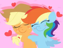 Size: 2443x1894 | Tagged: safe, artist:background basset, derpibooru import, applejack, rainbow dash, g4, appledash, blushing, female, hat, heart, holiday, hug, image, lesbian, png, shipping, smiling, valentine's day, valentine's day 2025