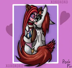 Size: 875x820 | Tagged: safe, artist:ponie pie, derpibooru import, oc, oc:candymare, oc:sylvia, unofficial characters only, original species, pony, fanfic:something sweet to bite, hearts and hooves day, hug, image, in love, kissing, png, shading, ship:sylvandi, shipping