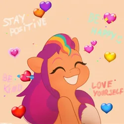 Size: 2048x2048 | Tagged: safe, artist:starburstuwu, derpibooru import, sunny starscout, earth pony, pony, g5, arrow through heart, cute, encouragement, eyes closed, heart, holiday, image, jpeg, multicolored mane, solo, starburstuwu is trying to murder us, sunnybetes, text, valentine's day, valentine's day 2025