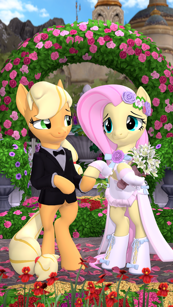 Size: 2160x3840 | Tagged: safe, artist:owlpirate, derpibooru import, applejack, fluttershy, earth pony, pegasus, pony, semi-anthro, g4, 3d, clothes, dress, female, image, lesbian, marriage, png, ship:appleshy, shipping, source filmmaker, wedding, wedding dress