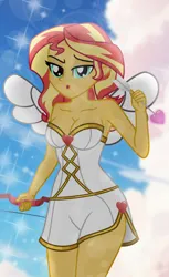 Size: 4290x7000 | Tagged: safe, artist:emeraldblast63, derpibooru import, sunset shimmer, human, equestria girls, g4, arrow, bedroom eyes, bow (weapon), bow and arrow, breasts, cleavage, clothes, cloud, costume, cupid, cupid outfit, fake wings, female, heart arrow, holding something, holiday, image, implied flying, png, puckered lips, sky, sparkles, valentine's day, valentine's day 2025, weapon