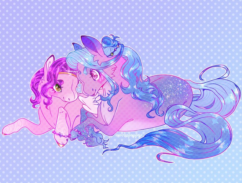 Size: 1972x1494 | Tagged: safe, artist:ichthyodog, derpibooru import, izzy moonbow, pipp petals, pegasus, pony, unicorn, g5, abstract background, blushing, duo, duo female, female, horn, image, jpeg, lesbian, looking at each other, looking at someone, lying down, mare, prone, ship:moonpetals, shipping, sparkles