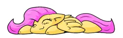 Size: 909x285 | Tagged: safe, artist:zutcha, derpibooru import, fluttershy, pegasus, pony, g4, cute, eyes closed, female, flat fluttershy friday, flat fuck friday, floppy ears, image, lying down, mare, png, prone, shyabetes, simple background, smiling, solo, sploot, white background