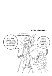 Size: 1500x2212 | Tagged: safe, artist:boastudio, derpibooru import, princess flurry heart, sunburst, alicorn, anthro, pony, unicorn, comic:hooves & fins, g4, black and white, book, crush, dialogue, duo, duo male and female, emanata, female, filly, filly flurry heart, foal, grayscale, height difference, horn, image, lineart, male, monochrome, older, older flurry heart, plewds, png, simple background, speech bubble, stallion, sweat, sweatdrop, white background