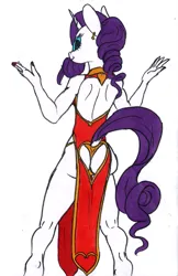 Size: 777x1200 | Tagged: suggestive, artist:sepiakeys, derpibooru import, rarity, anthro, unguligrade anthro, g4, butt, cheongsam, clothes, dress, female, image, png, solo, solo female, traditional art