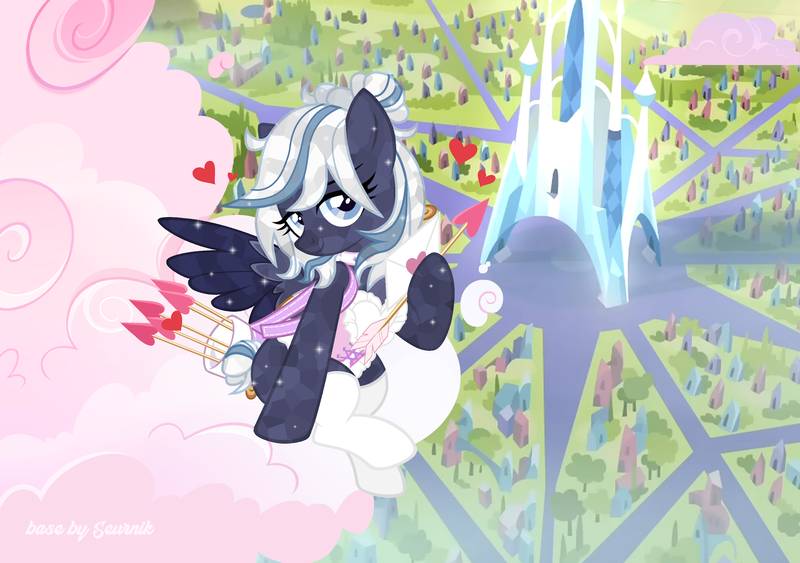 Size: 2000x1408 | Tagged: safe, artist:ghostpikachu, derpibooru import, oc, oc:lunara moonstone, unofficial characters only, crystal pony, pegasus, pony, arrow, base artist:seurnik, base used, bow, clothes, cloud, crystal castle, crystal empire, crystal pegasus, cupid, derpibooru exclusive, female, heart arrow, holiday, image, mare, on a cloud, png, sitting, sitting on cloud, socks, solo, spread wings, valentine's day, wings