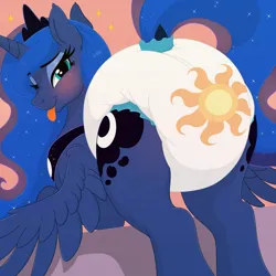 Size: 2000x2000 | Tagged: suggestive, artist:nineplusten, derpibooru import, princess luna, pony, g4, butt, cutie mark diapers, diaper, diaper fetish, fetish, image, jpeg, poofy diaper, presenting, solo, tongue out