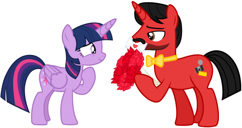 Size: 5813x3082 | Tagged: safe, artist:mickey1909, derpibooru import, twilight sparkle, twilight sparkle (alicorn), oc, oc:mickey motion, alicorn, unicorn, g4, bouquet of flowers, canon x oc, female, flower, hearts and hooves day, holiday, horn, image, male, png, rose, shipping, simple background, transparent background, valentine's day, valentine's day 2025, valentine's day card, vector