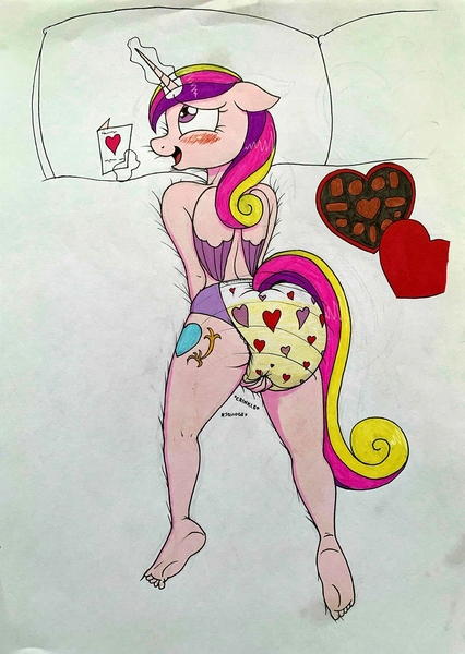 Size: 2483x3500 | Tagged: questionable, artist:xdemcuddles, derpibooru import, princess cadance, anthro, g4, box of chocolates, card, chocolate, diaper, diaper fetish, fetish, food, heart, heart eyes, holiday, humping, image, jpeg, lying down, magic, masturbation, prone, pullup (diaper), sex, smiling, teen princess cadance, traditional art, valentine's day, valentine's day 2025, wet diaper, wingding eyes