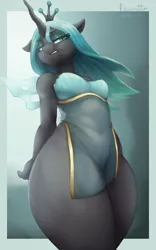 Size: 3000x4800 | Tagged: suggestive, artist:azuretto, derpibooru import, queen chrysalis, anthro, changeling, changeling queen, g4, breasts, crown, eyebrows, eyebrows visible through hair, female, gradient background, image, jewelry, lidded eyes, looking down, png, regalia, solo, solo female, thighs, thunder thighs, wide hips