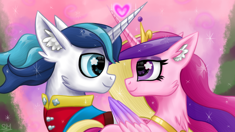 Size: 2000x1125 | Tagged: safe, artist:sunamoonmlp, derpibooru import, princess cadance, shining armor, alicorn, pony, unicorn, g4, accessory, chest fluff, clothes, costume, crown, cute, derpibooru exclusive, ear fluff, eyelashes, eyeshadow, female, hearts and hooves day, holiday, horn, image, jewelry, love, magic, makeup, male, mare, peytral, png, regalia, ship:shiningcadance, shipping, smiling, stallion, straight, valentine's day, valentine's day 2025, wings