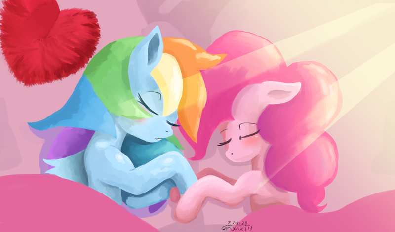 Size: 1647x968 | Tagged: safe, artist:tazool, derpibooru import, pinkie pie, rainbow dash, earth pony, pegasus, pony, g4, blanket, duo, eyes closed, female, heart, holding hooves, holiday, image, lesbian, light rays, my little pony: pinkie pie's sleepover, pillow, pinkiedash, png, scene interpretation, shipping, sleeping, valentine's day, valentine's day 2025