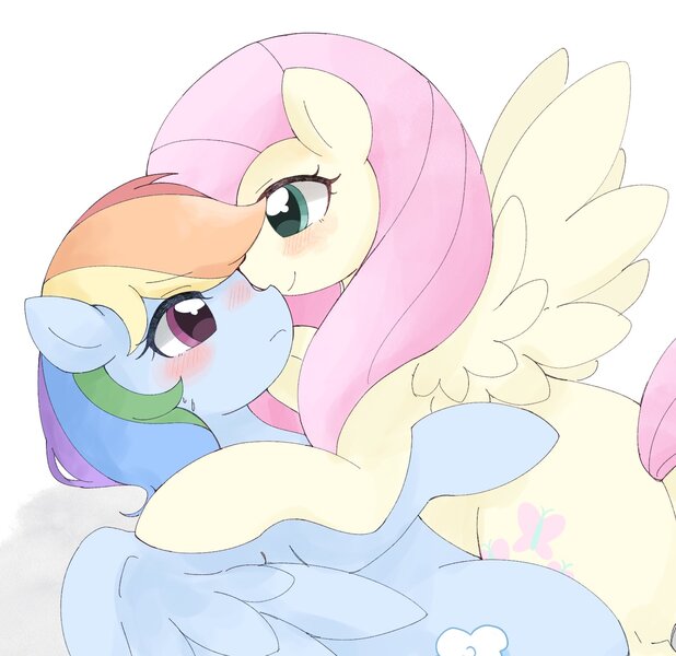 Size: 1575x1530 | Tagged: safe, artist:kuyukuro___o, derpibooru import, fluttershy, rainbow dash, pegasus, pony, g4, blushing, duo, female, flutterdash, hug, image, jpeg, lesbian, looking into each others eyes, lying down, on back, shipping, smiling, spread wings, wings