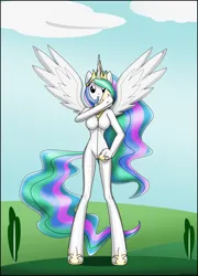 Size: 2828x3920 | Tagged: safe, artist:rosvo, derpibooru import, princess celestia, alicorn, anthro, unguligrade anthro, g4, arm hooves, bodysuit, breasts, busty princess celestia, clothes, commission, costume, female, high res, image, latex, latex suit, png, pony costume, ponysuit, skinny, solo, spread wings, thin, wings