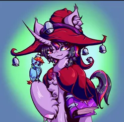 Size: 2787x2730 | Tagged: safe, artist:umbrapone, derpibooru import, rainbow dash, twilight sparkle, bird, owl, pegasus, unicorn, fanfic:a witch in broad daylight, g4, :/, :3, bell, belt, book, chest fluff, cloak, clothes, duo, ear fluff, familiar, hat, hooves, horn, image, implied transformation, png, post-transformation, spellbook, transformation, unicorn twilight, unshorn fetlocks, witch, witch hat