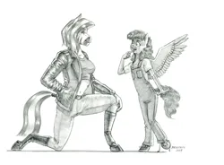 Size: 1500x1101 | Tagged: safe, derpibooru import, oc, unofficial characters only, anthro, pegasus, unguligrade anthro, zebra, belly, belly button, belt, belt buckle, child, clothes, female, hoof boots, image, jacket, jpeg, leather, leather jacket, looking at each other, looking at someone, midriff, monochrome, open mouth, open smile, overalls, pencil drawing, simple background, smiling, smiling at each other, story included, tail, tail wrap, traditional art, white background