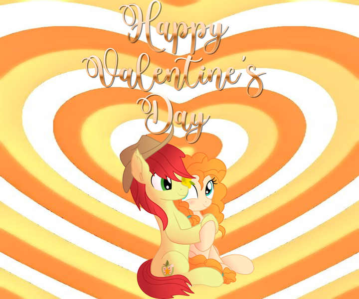 Size: 960x800 | Tagged: artist needed, safe, anonymous artist, artist:cyanlightning, derpibooru import, bright mac, pear butter, earth pony, pony, g4, blushing, brightbutter, cute, duo, female, hat, heart, heart background, hearts and hooves day, holiday, hug, hug from behind, image, looking at each other, looking at someone, male, mare, pearabetes, png, shipping, smiling, smiling at each other, song in the description, stallion, straight, valentine's day, valentine's day 2025, valentine's day picture