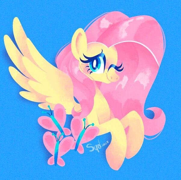 Size: 1874x1870 | Tagged: safe, artist:squididdlee, derpibooru import, fluttershy, pegasus, pony, g4, bust, female, image, jpeg, looking at you, mare, one eye closed, one wing out, simple background, smiling, smiling at you, solo, wings