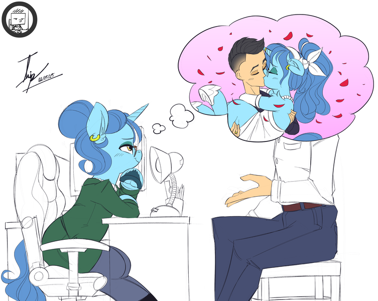 Size: 3840x3060 | Tagged: suggestive, artist:angrydiaper123, derpibooru import, oc, oc:spruce sprout, unofficial characters only, human, pony, unicorn, businessmare, chair, clothes, computer, daydream, female, flower petals, horn, human and pony, image, interview, kissing, lamp, love, mare, marriage, office, office chair, png, rose petals, skirt, skirt suit, suit, table