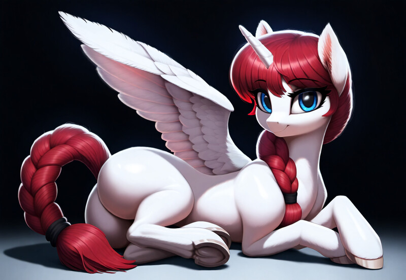 Size: 1856x1280 | Tagged: safe, machine learning generated, novelai, prompter:crescent pulsar, stable diffusion, oc, oc:ranma, ponified, alicorn, pony, black background, blue eyes, braided ponytail, braided tail, butt, closed mouth, featureless crotch, female, full body, hair tie, horn, image, jpeg, looking at you, lying, mare, not fausticorn, plot, ranma 1/2 (series), ranma-chan, red hair, saotome ranma, simple background, smiling, smiling at you, solo, spread wings, tail, underhoof, white fur, wings