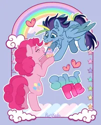 Size: 3000x3686 | Tagged: safe, artist:ponykeda, derpibooru import, pinkie pie, oc, oc:solar showers, earth pony, pegasus, pony, g4, blushing, canon x oc, couple, cupcake, cute, duo, duo female, female, food, hearts and hooves day, holiday, image, lesbian, letter, love letter, mare, png, ship:solarpie, shipping, simple background, valentine's day