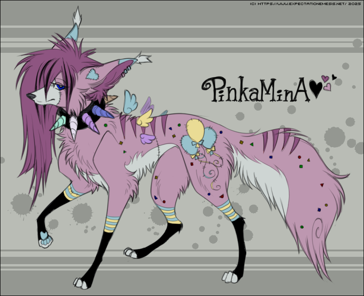 Size: 800x650 | Tagged: safe, artist:expectationemesis, derpibooru import, pinkie pie, oc, oc:pinkamina, unofficial characters only, dog, wolf, fanfic:cupcakes, g4, abstract background, choker, collar, confetti, dogified, ear tufts, feral, floating wings, full body, heart, horn, horn necklace, image, jewelry, long hair, necklace, pink fur, pinkamena diane pie, png, raised leg, scene hair, smiling, solo, sparkledog, species swap, spiked choker, spiky hair, stitched body, stitches, stripes, wings