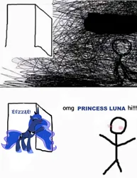 Size: 828x1074 | Tagged: safe, derpibooru import, princess luna, alicorn, pony, g4, 2 panel comic, comic, female, huzzah, image, mare, meme, omg hi, png, stick figure