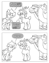 Size: 2700x3454 | Tagged: safe, artist:opalacorn, derpibooru import, oc, unofficial characters only, deer, pony, reindeer, sphinx, undead, vampire, vampony, 2 panel comic, black and white, buck, comic, dialogue, double entendre, floppy ears, grayscale, image, implied gay, jpeg, lineart, male, monochrome, reindeer oc, smiling, speech bubble, sphinx oc, stallion, trio, trio male