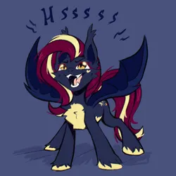 Size: 2048x2048 | Tagged: safe, artist:koffeemilk, derpibooru import, oc, oc:nightingale ode, unofficial characters only, bat pony, pony, cute, ear fluff, fangs, female, hissing, image, mare, open mouth, png, simple background, solo, spread wings, standing, striped hair, wings