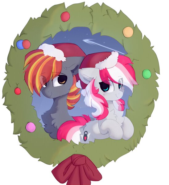 Size: 1827x2000 | Tagged: safe, artist:little-sketches, ponerpics import, oc, unofficial characters only, earth pony, pony, butt fluff, cheek fluff, chest fluff, christmas, duo male and female, ear fluff, earth pony oc, eye clipping through hair, eyebrows visible through hair, female, floppy ears, gray coat, hat, holiday, hooves to the chest, hooves together, image, jpeg, looking at each other, male, mare, night, night sky, oc x oc, ornament, passepartout, ribbon, santa hat, shipping, shooting star, sky, smiling, smiling at each other, stallion, starry night, stars, three toned mane, three toned tail, wreath