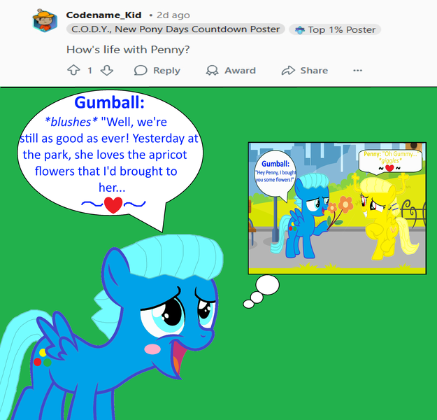 Size: 2606x2500 | Tagged: safe, artist:memeartboi, derpibooru import, ponified, pegasus, pony, g4, answer, answering, ask, blushing, colt, cute, discussion, fascinated, flower, foal, fourth wall, green background, green screen, gumball watterson, happy, heart, image, looking at you, male, open mouth, pegasus wings, penny fitzgerald, png, pondering, q&a, question, reddit, reflection, simple background, solo, speech bubble, spread wings, standing, talking, talking to viewer, text, the amazing world of gumball, thinking, wings