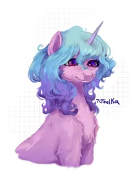 Size: 898x1118 | Tagged: safe, artist:veelka, derpibooru import, izzy moonbow, pony, unicorn, g5, spoiler:g5, blue mane, curly mane, female, horn, image, jpeg, mare, pink eyes, pink fur, purple fur, purple mane, simple background, smiling, white background