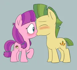 Size: 2000x1800 | Tagged: safe, artist:unsavorydom, derpibooru import, carrot crunch, lily longsocks, earth pony, pony, g4, blushing, colt, cute, duo, eyes closed, female, filly, foal, image, kiss on the lips, kissing, lilycrunch, male, png, raised hoof, shipping, simple background, straight