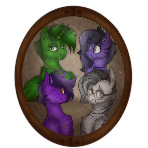 Size: 2300x2300 | Tagged: safe, artist:molars, derpibooru import, oc, oc:berula, oc:drifus artan, oc:rayne artan, oc:violet corruption, unofficial characters only, alicorn, original species, pony, zebra, fallout equestria, ashes town, bust, commission, family photo, glasses, horn, horn ring, horns, image, jewelry, made up species, necklace, one eye closed, picture frame, png, ring, smiling, tiara, wink