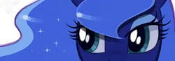 Size: 600x210 | Tagged: dead source, safe, anonymous artist, derpibooru import, princess luna, pony, g4, blue mane, close-up, eyelashes, eyes only, eyeshadow, face, female, flowing mane, image, looking away, makeup, mare, oekaki, png, solo, sparkles, sparkly mane