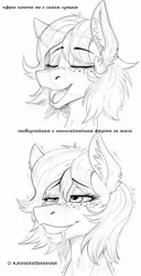 Size: 1000x1948 | Tagged: safe, artist:twotail813, derpibooru import, oc, oc:kiwi, unofficial characters only, pony, 2 panel comic, bust, comic, cyrillic, dripping, ear fluff, eyes closed, female, freckles, gritted teeth, image, jpeg, lidded eyes, mare, monochrome, portrait, russian, simple background, solo, spittle, talking to viewer, teeth, text, white background