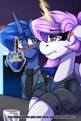 Size: 3000x4500 | Tagged: safe, artist:shadowreindeer, derpibooru import, princess celestia, princess luna, alicorn, android, pony, robot, g4, connor, crossover, detroit: become human, image, jpeg, lieutenant anderson, rk800