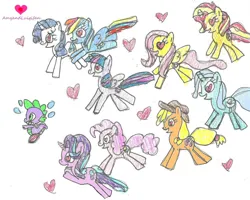 Size: 999x800 | Tagged: safe, artist:amyandluigifan, derpibooru import, applejack, fluttershy, pinkie pie, rainbow dash, rarity, spike, starlight glimmer, sunset shimmer, trixie, twilight sparkle, twilight sparkle (alicorn), alicorn, dragon, earth pony, pegasus, pony, unicorn, fanfic:casanova spike, g4, age difference, applespike, crayon drawing, female, floating heart, flutterspike, group, harem, heart, heart eyes, horn, image, jpeg, lucky bastard, male, mane five, mane seven, mane six, pinkiespike, pseudoincest, rainbowspike, running, ship:applespike, ship:flutterspike, ship:pinkiespike, ship:rainbowspike, ship:sparlight, ship:spixie, ship:sunsetspike, shipping, signature, simple background, sparity, sparlight, spike gets all the mane six, spike gets all the mares, spixie, straight, sunsetspike, tail, traditional art, twispike, white background, wingding eyes, wingless spike